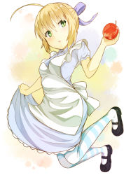 Rule 34 | 1girl, ahoge, alternate costume, apple, apron, artoria pendragon (all), artoria pendragon (fate), blonde hair, dress, fate/stay night, fate (series), food, fruit, full body, green eyes, hazama aida, mary janes, pantyhose, saber (fate), shoes, simple background, skirt hold, striped clothes, striped pantyhose, white background