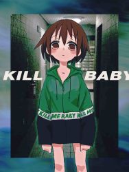 Rule 34 | 1girl, absurdres, bad id, bad twitter id, blush, brown eyes, brown hair, closed mouth, clothes writing, copyright name, cowboy shot, gishiki (gshk), green hoodie, highres, hood, hood down, hoodie, kill me baby, long sleeves, looking at viewer, oribe yasuna, solo, standing