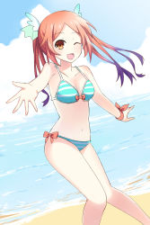Rule 34 | 1girl, ;d, beach, bikini, binato lulu, blue bikini, blue sky, bow, breasts, brown eyes, brown hair, cleavage, cloud, collarbone, day, dutch angle, floating hair, gradient hair, highres, long hair, looking at viewer, medium breasts, multicolored hair, ocean, one eye closed, open mouth, orange bow, outdoors, outstretched arm, outstretched hand, phantasy star, phantasy star online 2, purple hair, quna (pso2), sky, smile, solo, standing, striped bikini, striped clothes, swimsuit, two-tone hair
