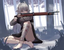 Rule 34 | 1girl, absurdres, ahoge, bandaged leg, bandages, barefoot, black panties, blood, bloody bandages, bolt action, codename: bakery girl, covered mouth, dress, full body, fur-trimmed dress, fur trim, gar32, grey dress, grey eyes, grey hair, gun, highres, holding, holding gun, holding weapon, jefuty (bakery girl), knee up, long hair, looking back, looking to the side, mosin-nagant, panties, reverse collapse (series), rifle, sitting, solo, tree, underwear, very long hair, weapon