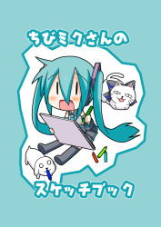Rule 34 | 1girl, :d, cat, chibi, chibi miku, detached sleeves, dog, green hair, hamo (dog), hatsune miku, headphones, holding, long hair, looking at viewer, minami (colorful palette), notebook, open mouth, pencil, pleated skirt, sitting, skirt, smile, solo, translation request, twintails, very long hair, vocaloid, yowaneko, | |