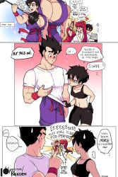 Rule 34 | ..., 1boy, 3girls, anger vein, artist name, black eyes, black hair, black sports bra, blonde hair, blue eyes, blush, breasts, comic, commentary, dougi, dragon ball, dragonball z, english commentary, english text, heart, heart-shaped eyes, heart background, highres, holding, holding towel, large breasts, large pectorals, long hair, multiple girls, muscular, muscular male, navel, pectorals, pointing, ponytail, puffphox, red hair, short hair, small breasts, son gohan, sparkle, spoken ellipsis, sports bra, sweatdrop, towel, twitter username, very long hair, videl, wristband