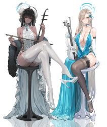 Rule 34 | 2girls, absurdres, ahoge, alternate costume, asuna (blue archive), asymmetrical bangs, bare shoulders, black thighhighs, blue archive, blue dress, blue eyes, blush, bow (music), breasts, china dress, chinese clothes, cleavage, collarbone, crossed legs, dark-skinned female, dark skin, dishwasher1910, double bun, dress, earrings, elbow gloves, extreme dangling, feet, fur-trimmed sleeves, fur trim, garter straps, gloves, grey thighhighs, grin, hair bun, hair over one eye, halo, halter dress, halterneck, high heels, highres, holding, holding instrument, holding violin, instrument, jewelry, karin (blue archive), lace, lace-trimmed thighhighs, large breasts, left-handed, light brown hair, long bangs, long hair, looking at viewer, multiple girls, music stand, navel, one eye covered, plunging neckline, revealing clothes, sheet music, shoe dangle, sideboob, sideless outfit, simple background, sitting, smile, stool, textless version, thighhighs, very long hair, violin, white background, white footwear, white gloves, white thighhighs