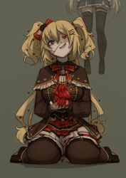 Rule 34 | 2girls, akai haato, akai haato (gothic lolita), aqua eyes, blonde hair, blood, blood on hands, brown background, commentary, dress, dual persona, empty eyes, english commentary, eyepatch, frills, gothic lolita, guro, gutalalaman, hair ornament, hanged, heart, heart hair ornament, highres, holding, holding heart, hololive, lolita fashion, long hair, looking at viewer, medical eyepatch, messy hair, multiple girls, one eye covered, open mouth, red dress, shadow, simple background, sitting, smirk, stitched neck, stitches, thigh strap, thighhighs, thighs, virtual youtuber, wariza