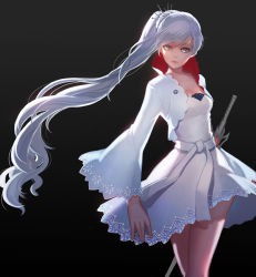 Rule 34 | 1girl, artist request, blouse, blue eyes, cropped jacket, dress, gradient background, high collar, lace, lace-trimmed skirt, lace trim, long hair, long sleeves, petticoat, ponytail, rapier, rwby, scar, scar across eye, scar on face, shirt, side ponytail, skirt, solo, sword, tiara, very long hair, weapon, weiss schnee, white hair, white shirt, wide sleeves