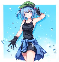 Rule 34 | 1girl, arm up, bad id, bad pixiv id, bare arms, bare shoulders, bike shorts, black gloves, black shorts, black tank top, blue background, blue eyes, blue hair, blue jacket, blush, border, breasts, cabbie hat, clothes around waist, commentary request, cowboy shot, drop shadow, gloves, gradient background, green hat, grin, hair between eyes, hair bobbles, hair ornament, hat, head tilt, jacket, jacket around waist, kawashiro nitori, looking at viewer, medium breasts, outside border, short hair, short shorts, shorts, sidelocks, signature, smile, solo, standing, tank top, thighs, touhou, two side up, water drop, white border, yukimiya (parupunta)