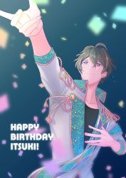 Rule 34 | 1boy, brown hair, collarbone, confetti, dated, dorifesu!, epaulettes, green eyes, hand on own chest, happy birthday, katagiri itsuki, looking up, male focus, mole, mole under eye, nemuri (fff450), outstretched arm, simple background, smile, solo, teardrop, tearing up