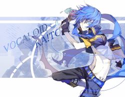 Rule 34 | 1boy, bad id, bad pixiv id, belt, black gloves, blue background, blue eyes, blue hair, blue theme, boots, buckle, character name, copyright name, fingerless gloves, food, gloves, hoe-l, ice cream, jacket, kaito (vocaloid), looking at viewer, male focus, matching hair/eyes, midriff, navel, open clothes, pants, topless male, solo, striped, vertical stripes, vocaloid, white background