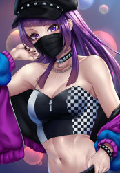 Rule 34 | 1girl, absurdres, bare shoulders, black choker, black hat, black nails, black shirt, blunt bangs, breasts, cabbie hat, chain, chain necklace, choker, cleavage, commentary, crop top, hand up, hat, highres, idolmaster, idolmaster shiny colors, jacket, jewelry, long hair, long sleeves, looking at viewer, mask, medium breasts, midriff, mouth mask, nail polish, navel, necklace, off shoulder, open clothes, open jacket, purple eyes, purple hair, purple jacket, shirt, solo, stmoon, stomach, strapless, strapless shirt, tanaka mamimi, upper body, very long hair