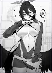Rule 34 | 1girl, black choker, black wings, blue archive, blush, breasts, center opening, choker, clothes lift, clothes pull, cowboy shot, feathered wings, greyscale, gym uniform, hair between eyes, halo, hand up, hasumi (blue archive), hasumi (track) (blue archive), jacket, jjune, large breasts, lifted by self, long bangs, long hair, long sleeves, looking at viewer, mole, mole under eye, monochrome, navel, official alternate costume, open clothes, open jacket, open mouth, pants, pants pull, partially unzipped, ponytail, pulled by self, revealing clothes, shirt lift, shorts, solo, standing, sweat, track jacket, very long hair, wings