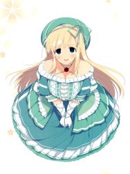 Rule 34 | 10s, 1girl, absurdres, bare shoulders, beret, blonde hair, blue eyes, blush, bow, bowtie, breasts, collarbone, dress, elbow gloves, floral background, frills, full body, gloves, green dress, hat, highres, large breasts, long dress, looking at viewer, looking up, official art, open mouth, scan, senran kagura, simple background, smile, solo, white gloves, yaegashi nan, yomi (senran kagura)