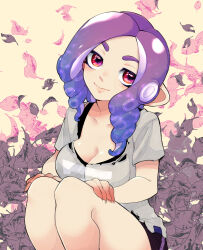 Rule 34 | 1girl, black shorts, breasts, cleavage, closed mouth, collarbone, commentary, drill hair, falling petals, grey shirt, hirafumi, large breasts, long hair, nintendo, octoling, octoling girl, octoling player character, petals, print shirt, purple hair, red eyes, shirt, shorts, simple background, sitting, smile, solo, splatoon (series), splatoon 3, tentacle hair, thick eyebrows, twin drills, white background