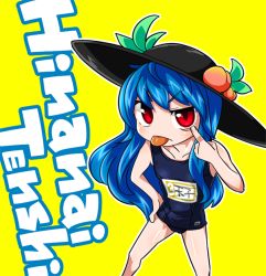 Rule 34 | 1girl, akanbe, alternate costume, blue hair, byourou, character name, eyelid pull, food, fruit, hat, hinanawi tenshi, long hair, peach, red eyes, simple background, solo, swimsuit, tongue, tongue out, touhou, yellow background