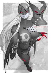 Rule 34 | chain, claws, digimon, fallen angel, fang, highres, ladydevimon, red eyes, skull, white hair