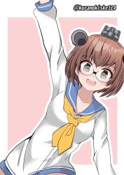 Rule 34 | arm up, bespectacled, blue sailor collar, brown eyes, brown hair, dress, glasses, headgear, highres, kantai collection, kurano kisuke, looking at viewer, neckerchief, one-hour drawing challenge, open mouth, pink background, round teeth, sailor collar, sailor dress, short hair, smile, speaking tube headset, teeth, twitter username, two-tone background, upper teeth only, yellow neckerchief, yukikaze (kancolle)