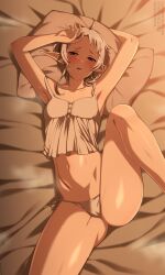 Rule 34 | 1girl, armpits, arms up, artist name, bare shoulders, bed sheet, blush, breasts, camisole, collarbone, embarrassed, from above, grey hair, half-closed eyes, highres, leg up, lindaroze, looking at viewer, lying, mushoku tensei, navel, on back, open mouth, panties, pointy ears, red eyes, short hair, side-tie panties, sleeveless, small breasts, solo, spread legs, steam, sweat, sylphiette (mushoku tensei), underwear, white panties
