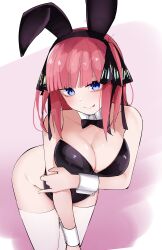 Rule 34 | 1girl, :p, absurdres, alternate costume, animal ears, arm under breasts, bare shoulders, black bow, black bowtie, black leotard, black ribbon, blue eyes, blunt bangs, blush, bow, bowtie, breast hold, breasts, butterfly hair ornament, cleavage, closed mouth, collar, collarbone, commentary request, cowboy shot, curvy, detached collar, fake animal ears, go-toubun no hanayome, grabbing own arm, groin, hair ornament, hair ribbon, highres, large breasts, leaning forward, leotard, looking at viewer, mame1645, medium hair, nakano nino, pink background, pink hair, playboy bunny, rabbit ears, ribbon, seductive smile, shiny skin, simple background, smile, solo, standing, straight hair, strapless, strapless leotard, tongue, tongue out, two side up, v-shaped eyebrows, white collar, white wrist cuffs, wrist cuffs
