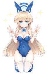 Rule 34 | 1girl, animal ears, bare shoulders, blonde hair, blue archive, blue bow, blue eyes, blue footwear, blue hairband, blue leotard, blush, bow, breasts, cleavage, closed mouth, commentary request, covered navel, detached collar, double v, earpiece, full body, hairband, halo, headset, highres, kneeling, large breasts, leotard, long hair, looking at viewer, playboy bunny, rabbit ears, shikito (yawa0w0), shoes, simple background, solo, sparkle, strapless, strapless leotard, thigh gap, thighhighs, toki (blue archive), toki (bunny) (blue archive), v, very long hair, white background, white thighhighs, wing collar, wrist cuffs