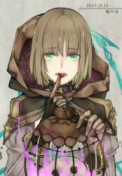 Rule 34 | 1boy, androgynous, brown hair, cage, cloak, dated, eating, eyebrows, finger to mouth, gloves, green eyes, gretel (sinoalice), hansel (sinoalice), highres, holding, hood, hooded cloak, jingzhongyin, lamp, lantern, long sleeves, looking at viewer, male focus, open mouth, pale skin, patterned clothing, short hair, simple background, sinoalice, text focus, trap