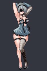 Rule 34 | 1girl, armpits, arms behind head, arms up, bandaged arm, bandaged leg, bandages, black background, blindfold, breasts, cleavage, cosplay, finalcake, full body, grey hair, hairband, high heels, hip focus, kaine (nier) (cosplay), leotard, medium breasts, mole, mole under mouth, nier (series), nier:automata, panties, pantyshot, parted lips, short hair, simple background, single thighhigh, solo, standing, thigh strap, thighhighs, thighs, underwear, white leotard, 2b (nier:automata)