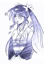 Rule 34 | 1girl, bad id, bad pixiv id, daniel j. luis, food in mouth, hatsune miku, japanese clothes, kimono, long hair, monochrome, mouth hold, musical note, obi, purple theme, sash, scrunchie, signature, sketch, solo, spring onion, twintails, vocaloid
