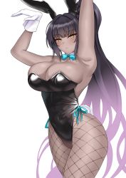 Rule 34 | 1girl, absurdres, alternate costume, animal ears, armpits, bare shoulders, black hair, black leotard, blue archive, blue bow, blush, bow, bowtie, breasts, cleavage, closed mouth, commentary request, cowboy shot, crimecrime, curvy, dark-skinned female, dark skin, detached collar, earrings, fake animal ears, fishnet pantyhose, fishnets, gloves, high ponytail, highleg, highleg leotard, highres, jewelry, karin (blue archive), karin (bunny) (blue archive), large breasts, leotard, long hair, official alternate costume, pantyhose, playboy bunny, rabbit ears, rabbit tail, shiny clothes, shiny skin, sidelocks, tail, thong leotard, traditional bowtie, very long hair, white background, white gloves, wide hips, wrist cuffs, yellow eyes