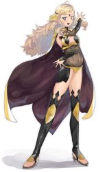 Rule 34 | 1girl, absurdres, ahoge, blonde hair, bodystocking, breasts, bridal gauntlets, cape, covered navel, fire emblem, fire emblem fates, full body, grey eyes, highres, long hair, looking at viewer, medium breasts, midriff, mozuku 3, nintendo, open mouth, ophelia (fire emblem), panties, simple background, solo, thighhighs, turtleneck, underwear, white background