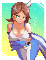 Rule 34 | 1girl, belt, black belt, blue pants, blue sleeves, breast hold, breasts, brown hair, camisole, cleavage, closed mouth, commentary, cougar (cougar1404), cowboy shot, detached sleeves, earrings, english commentary, green eyes, grey horns, grey pants, hair ornament, horns, jewelry, large breasts, leaning forward, looking at viewer, medium hair, mixed-language commentary, original, pants, shirt, single horn, skin tight, smile, solo, standing, swept bangs, two-tone pants, white shirt