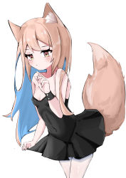 Rule 34 | 1girl, absurdres, animal ear fluff, animal ears, bare shoulders, black dress, breasts, brown eyes, brown hair, cleavage, covered navel, dress, finger to mouth, fox ears, fox girl, fox tail, highres, hua (yijing), long hair, original, pantyhose, short dress, simple background, small breasts, solo, strapless, strapless dress, tail, white background, white pantyhose, wrist cuffs