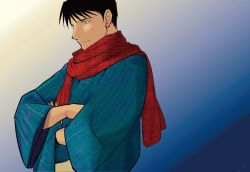 Rule 34 | 1boy, beige background, black eyes, black hair, blue background, blue kimono, closed mouth, crossed arms, facing viewer, fullmetal alchemist, gradient background, japanese clothes, kimono, light blue background, light smile, looking down, male focus, plaid, plaid scarf, red scarf, roy mustang, scarf, spiked hair, striped clothes, striped kimono, tsurime, unmoving pattern, upper body, urikurage, yellow background, yukata