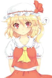 Rule 34 | 1girl, ?, ascot, breasts, closed mouth, collarbone, collared shirt, cowboy shot, crazy kinoko, flandre scarlet, frilled shirt collar, frilled sleeves, frills, hat, hat ribbon, highres, looking at viewer, medium hair, mob cap, one side up, red eyes, red ribbon, red skirt, red vest, ribbon, shirt, simple background, skirt, skirt set, sleeve ribbon, small breasts, solo, spoken question mark, touhou, vest, white background, white hat, white shirt, yellow ascot