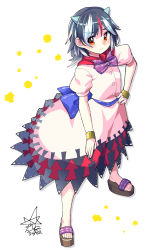 Rule 34 | 1girl, arrow print, black hair, blue bow, bow, bowtie, bracelet, brown footwear, closed mouth, commentary request, cone horns, dress, dress bow, full body, grey horns, hand on own hip, highres, horns, jewelry, kijin seija, looking at viewer, multicolored hair, partial commentary, purple bow, purple bowtie, red eyes, red hair, sandals, short hair, short sleeves, signature, simple background, solo, standing, streaked hair, touhou, umigarasu (kitsune1963), white background, white dress, white hair