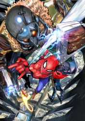 Rule 34 | 3boys, absurdres, armor, bodysuit, city, commentary, electricity, fighting, flying, from above, fur collar, glowing, glowing eyes, highres, iron man, iron man (series), male focus, marvel, marvel cinematic universe, mask, mechanical wings, midair, multiple boys, murata yuusuke, official art, power armor, silk, spider-man, spider-man: homecoming, spider-man (series), spider web, superhero costume, taser, vulture (marvel), wings