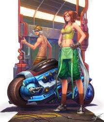 Rule 34 | 1boy, 1girl, brown hair, cable, cigarette, garage, glasses, gloves, hands on own hips, motor vehicle, motorcycle, navel, neoartcore, original, scooter, shoes, signature, smoking, socks, suspenders, tank top, tattoo, thumbs up, topless male, vehicle, white hair