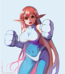 Rule 34 | 1girl, absurdres, blue bodysuit, bodysuit, breasts, character name, clenched hands, commentary, copyright name, covered navel, dated, elf, english commentary, fewer digits, galaxy fight, highres, impossible bodysuit, impossible clothes, kaitsu tokiyas, large breasts, long hair, long pointy ears, looking at viewer, open mouth, oversized limbs, panties, panties over bodysuit, pink eyes, pink hair, pointy ears, roomi, skin tight, solo, spandex, sports bra, underwear, very long hair, white background, white panties, white sports bra