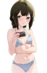 Rule 34 | 1girl, bikini, black eyes, blue bikini, blush, braid, breasts, brown hair, character request, check character, commentary request, cowboy shot, groin, halterneck, highres, holding, isonami (kancolle), kantai collection, long hair, looking at viewer, navel, parted lips, petite, sakieko, simple background, small breasts, solo, swimsuit, underwear, underwear only, white background