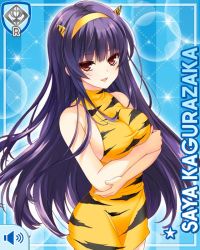 Rule 34 | 1girl, bare arms, bare legs, bare shoulders, blue background, card (medium), character name, dress, fake horns, girlfriend (kari), headband, horns, kagurazaka saya, long hair, looking at viewer, official art, oni, oni horns, open mouth, purple hair, qp:flapper, red eyes, smile, solo, tagme, tiger striped clothes, yellow dress, yellow headband