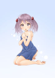 Rule 34 | 10s, 1girl, bare shoulders, barefoot, blue towel, blush, artistic error, hair bobbles, hair ornament, highres, kantai collection, kneeling, long hair, looking at viewer, open mouth, panties, pink eyes, pink hair, sazanami (kancolle), soborou, solo, towel, twintails, underwear
