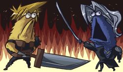 Rule 34 | :&lt;, armor, blonde hair, buster sword, cloud strife, crossover, final fantasy, final fantasy vii, fire, fusion, katana, male focus, masamune (ff7), no humans, open mouth, parody, sephiroth, sesame street, sword, vintagelyconstructed, weapon, what, yip-yip alien