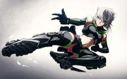 Rule 34 | 1girl, armor, black gloves, black thighhighs, blue eyes, breasts, colorized, commentary, crop top, elbow gloves, flying kick, gloves, gradient background, greaves, green panties, imizu (nitro unknown), kicking, mecha musume, midriff, navel, neon trim, original, panties, red panties, revision, solo, thighhighs, underwear, v, white hair