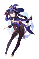 Rule 34 | 1girl, black gloves, black hair, black pantyhose, blue cape, blue eyes, blue hat, blue leotard, breasts, cape, detached sleeves, full body, genshin impact, gloves, hand up, hat, highres, leotard, littlefishsoul, long hair, long sleeves, medium breasts, mona (genshin impact), pantyhose, simple background, solo, strapless, strapless leotard, thighs, twintails, very long hair, white background, witch hat