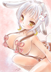 Rule 34 | 1girl, 2016, :3, animal ears, blush, breasts, rabbit hair ornament, chengshu, collarbone, crescent, crescent earrings, dated, earrings, flower knight girl, hair ornament, jewelry, large breasts, naked suspenders, rabbit ears, rabbit tail, revealing clothes, short hair, signature, smile, solo, suspenders, tail, usagi no ou (flower knight girl), white hair, yellow eyes