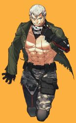 Rule 34 | 1boy, :d, abs, bara, bare pectorals, black eyes, bryan fury, camouflage, camouflage pants, evil grin, evil smile, green jacket, grey hair, grin, highres, houjoh (7th-heaven), jacket, knee pads, long sleeves, looking at viewer, male focus, mask, military jacket, muscular, muscular male, navel, open clothes, open jacket, open mouth, orange background, pants, pectorals, scar, scar across eye, scar on chest, scar on face, short hair, simple background, skull print, smile, solo, stomach, teeth, tekken, tekken 7, torn clothes, torn jacket, torn pants, v-shaped eyebrows