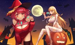 Rule 34 | 2girls, absurdres, alternate costume, bandages, blonde hair, breasts, chest jewel, costume, gem, halloween, halloween costume, hat, headpiece, highres, large breasts, long hair, multiple girls, mummy, mummy costume, mythra (xenoblade), naked bandage, pyra (xenoblade), red hair, short hair, swept bangs, taro (peach taro51), very long hair, witch, witch hat, xenoblade chronicles (series), xenoblade chronicles 2, yellow eyes