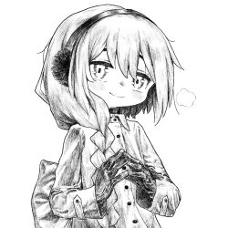 Rule 34 | 1girl, back bow, blush, bow, braid, breath, buttons, closed mouth, collared coat, earmuffs, gloves, greyscale, hair over shoulder, hands up, head tilt, high collar, highres, kilsturgeon, long hair, looking at viewer, monochrome, raised eyebrows, sekka yufu, simple background, smile, solo, steepled fingers, undershirt, upper body, utau