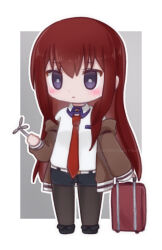 Rule 34 | 1girl, belt, black footwear, black pantyhose, black shorts, border, breasts, bright pupils, brown jacket, chibi, closed mouth, collared shirt, expressionless, full body, grey background, highres, holding, jacket, kanzaki nyo, long hair, long sleeves, looking at viewer, makise kurisu, necktie, outline, outside border, pantyhose, purple eyes, red hair, red necktie, rolling suitcase, shirt, shoes, short shorts, shorts, sidelocks, simple background, small breasts, solo, standing, steins;gate, suitcase, twitter username, watermark, white belt, white border, white outline, white pupils, white shirt