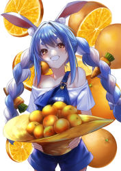 Rule 34 | 1girl, arenoyoni, bare shoulders, blue hair, blue overalls, braid, carrot hair ornament, commentary request, cowboy shot, food, food-themed hair ornament, fruit, grin, hair ornament, hat, unworn hat, unworn headwear, highres, holding, holding clothes, holding food, holding hat, hololive, long hair, looking at viewer, off-shoulder shirt, off shoulder, orange (fruit), orange eyes, orange slice, overalls, shirt, short sleeves, simple background, smile, solo, straw hat, thick eyebrows, twin braids, usada pekora, virtual youtuber, white background, white shirt