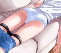 Rule 34 | 1girl, absurdres, bike shorts, bottomless, female focus, from above, from behind, head out of frame, highres, kneepits, legs, lying, madaotheory, on stomach, original, panties, shorts, sleeping, solo, underwear, white panties