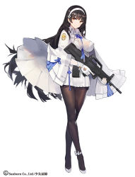Rule 34 | 1girl, ankle ribbon, assault rifle, august1st, between breasts, black hair, black pantyhose, breasts, brown eyes, brown pantyhose, bullpup, cloak, covered erect nipples, crossed legs, fingerless gloves, flower, full body, girls&#039; frontline, gloves, gun, hair flower, hair ornament, hairband, holding, holding gun, holding weapon, impossible clothes, kishiyo, large breasts, leg ribbon, long hair, looking at viewer, pantyhose, pleated skirt, qbz-95, ribbon, rifle, skirt, smile, solo, standing, thigh gap, thighband pantyhose, trigger discipline, type 95 (girls&#039; frontline), very long hair, watermark, watson cross, weapon, white gloves, white hairband