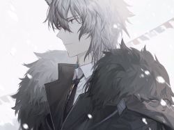 Rule 34 | 1boy, animal ears, arknights, black jacket, black necktie, blurry, blurry background, closed mouth, collared shirt, dress shirt, earrings, fur-trimmed jacket, fur trim, grey eyes, grey hair, highres, jacket, jewelry, leopard ears, looking ahead, male focus, necktie, outdoors, qinglai haiji, serious, shirt, short hair, silverash (arknights), snowing, solo, string of flags, upper body, white shirt